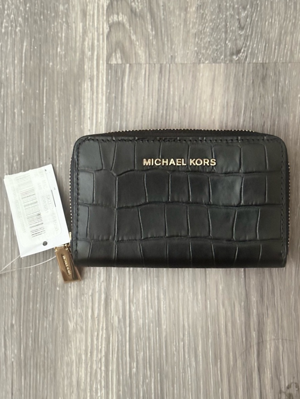 NWT Michael Kors Croc Embossed Leather Wallet 🖤 Black Zip Around Gold Hardware